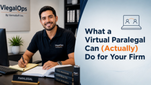 Virtual paralegal working at a desk with the text “What a Virtual Paralegal Can Actually Do for Your Firm”