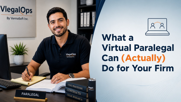 Virtual paralegal working at a desk with the text “What a Virtual Paralegal Can Actually Do for Your Firm”